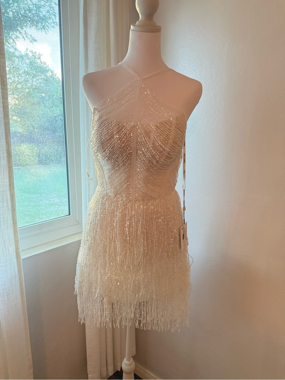 Katy Corso Amina Mini Bridal Dress Ivory Fringe Size 8 Fits like Size 4